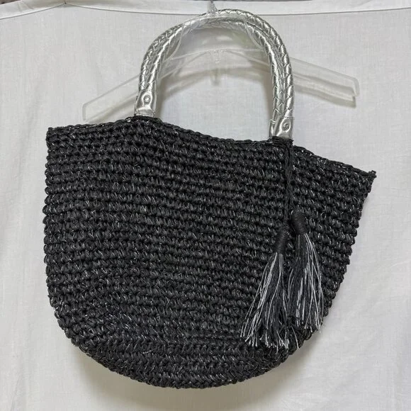 Straw purse bag black boho Medium black handles Silver Metallic Threads - Picture 2 of 7